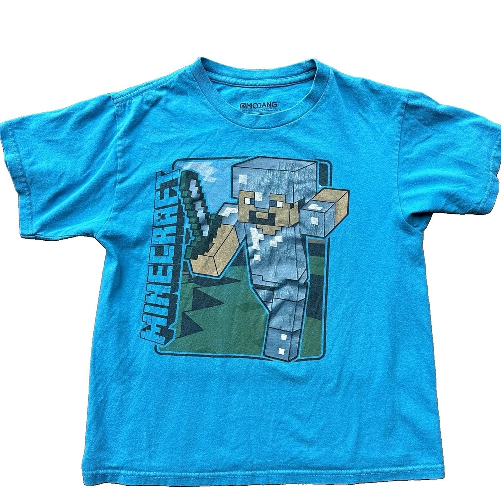 Mojang Minecraft Steve Boys M Blue Graphic Logo Crew Neck Tagless Short Sleeve M